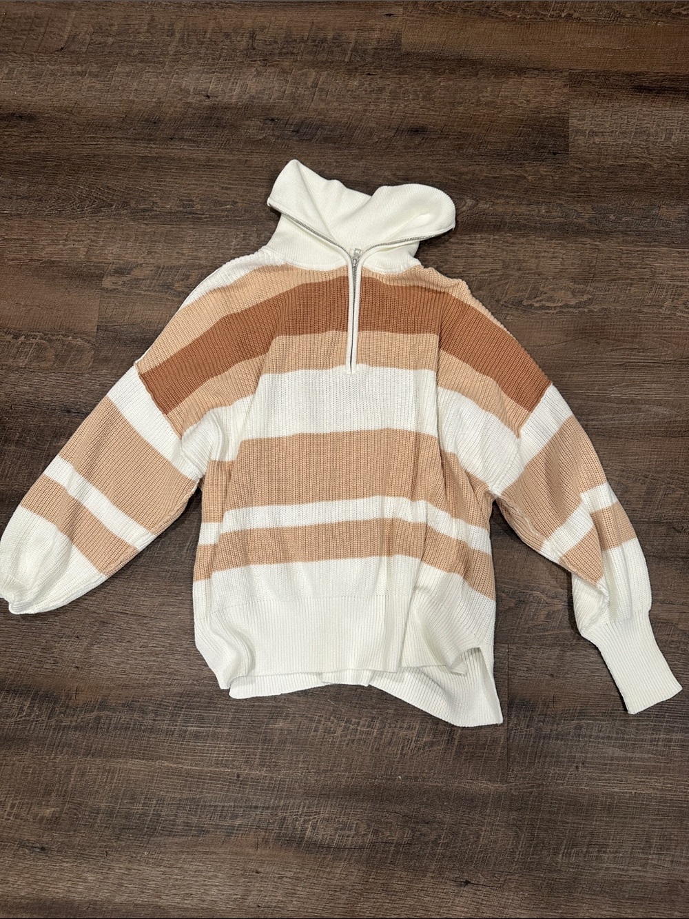 Striped Half-Zip Hoodie Sweater - Cream & Tan